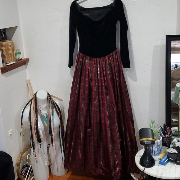 Vintage Scott McClintock Off the Shoulder Velvet & Plaid Formal Maxi Dress - Picture 1 of 15